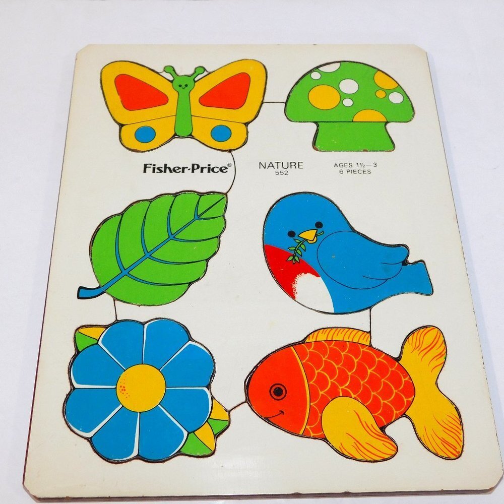 Vintage 1975 Fisher Price Wooden Puzzle NATURE 552 Nature 6 Piece bird Fish leaf